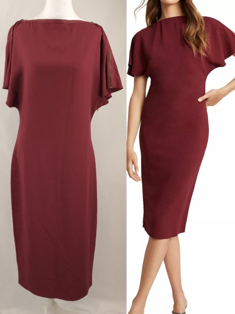 REISS Josie Zip Detail Flutter Sleeve Fitted Bodycon Midi Dress , Burgundy US 8
